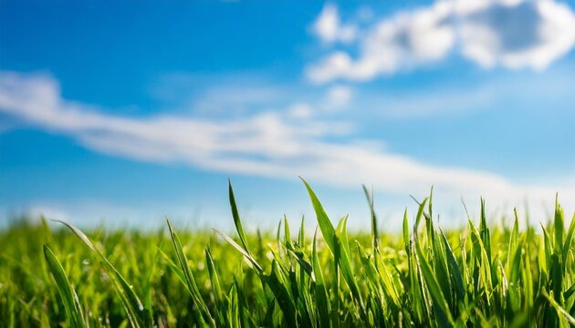 green grass field and blue sky create a summer landscape background with a blurred bokeh effect