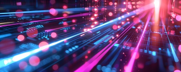 A digital futuristic technology abstract background illuminated by vibrant neon lights, forming a dynamic and interconnected network of systems, Modern and colorful design symbolizes the bright future