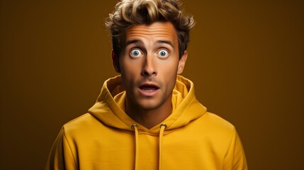 An attractive blonde man witnessing something truly extraordinary that evokes a feeling of awe and euphoria, wearing a casual sweatshirt isolated on a solid color background - obrazy, fototapety, plakaty