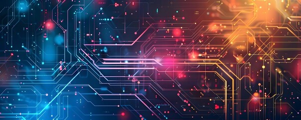 Fototapeta premium Digital futuristic technology abstract banner background Electronic circuit line illuminated by vibrant neon lights, forming a dynamic and interconnected network of systems