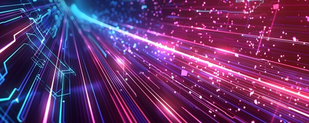 Digital futuristic technology abstract banner background Electronic circuit line illuminated by vibrant neon lights, forming a dynamic and interconnected network of systems