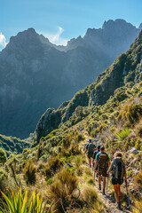 Fototapeta premium Hikers trekking through mountain trails, high in the mountain. Nature landscape.