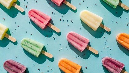 seamless decorative colorful popsicle pattern on isolated pastel blue background with shadows minimal flat lay summer ice cream dessert wallpaper concept sweet food top view