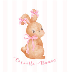 Coquette Bunny, Adorable Brown rabbit with pink ribbon bow watercolor Aesthetic painting