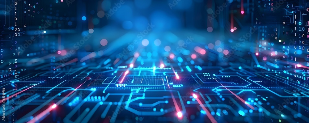 Wall mural digital futuristic technology abstract banner background illuminated by vibrant neon lights, forming