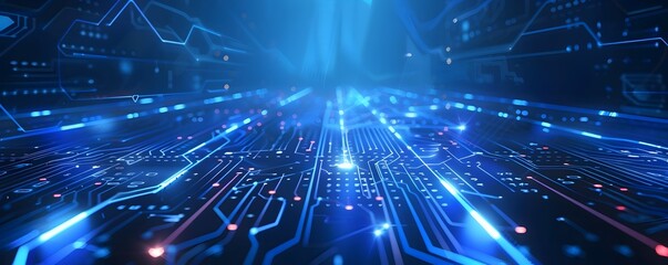 Digital futuristic technology abstract banner background illuminated by vibrant neon lights, forming a dynamic and interconnected network of systems	