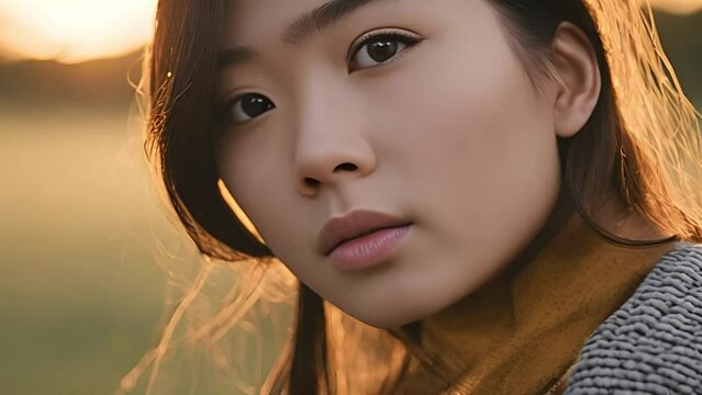 Close up of an asian woman at the sunset 