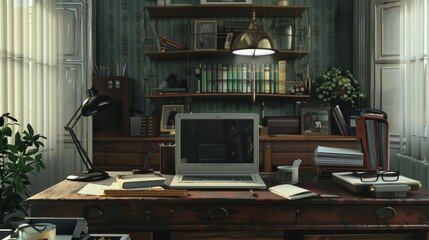 There is a computer laptop placed on a wooden desk along with various office accessories. - obrazy, fototapety, plakaty