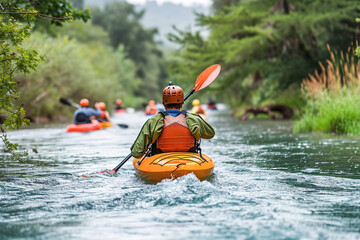 Outdoor enthusiasts engaging in water sports like kayaking and rafting.