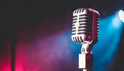 vintage vocal microphone in the dark on a concert stage with pink and blue spot lighting live music or podcast wide banner background with copy space