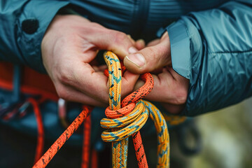 Close-ups of hands tying knots for outdoor activities. Colorful rope.