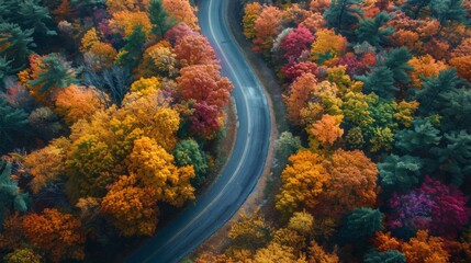 A winding road passing through vibrant autumn foliage,  symbolizing the phases of growth and transformation experienced by startups