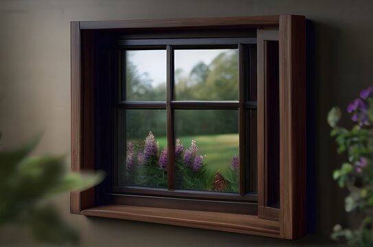 Wooden window of modern house, closed glass window.