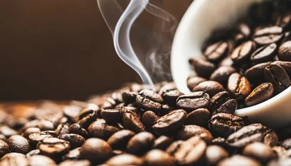 Foto op Plexiglas coffee bean indulgence close up view of dark roasted arabica beans creating tasty and aromatic morning beverage with steam and rich flavor on brown background © Heaven