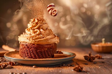 Gourmet Homemade Cupcake with Creamy Frosting and Cinnamon on Rustic Wooden Table Setting with Warm Backlight