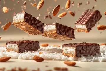 Schilderijen op glas Levitating Almond Chocolate Bars with Dynamic Crumb and Nut Scatter on Neutral Background Advertising Concept © pisan
