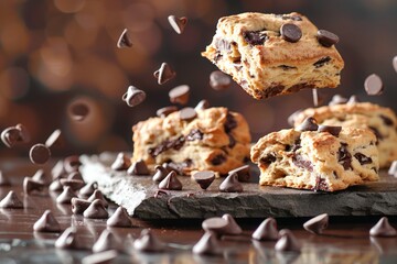 Levitating Chocolate Chip Cookies with Scattered Chocolate Chips on Dark Rustic Background
