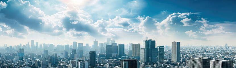 aerial view of modern city under a cloudy blue sky. - obrazy, fototapety, plakaty