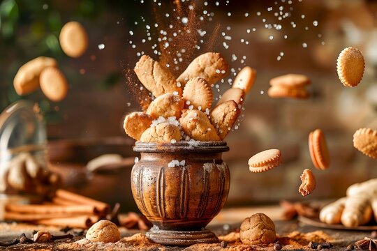 Levitating Cookies Splashing Out of a Jar Surrounded by Scattered Biscuits and Sugar on Wooden Table