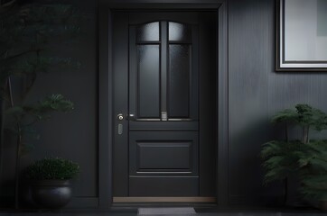 Closed wooden main door of modern and luxury minimal home.