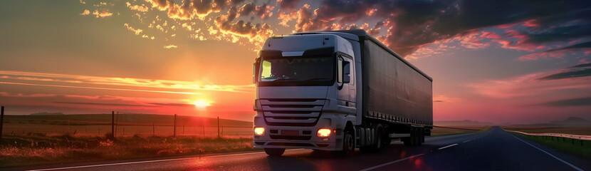 a truck is driving along a hroad at sunset. - 765372341