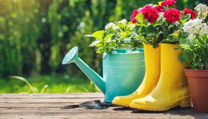 gardening background with flowerpots yellow boots in sunny spring or summer garden