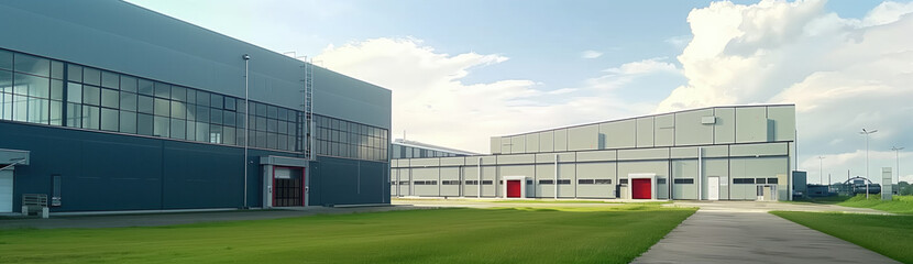 Fototapeta na wymiar Industrial building in an empty area with green meadow