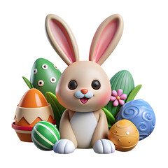 colorful happy bunny with many easter eggs on grass festive background for decorative design