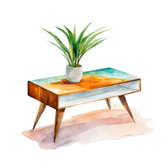 A Minimal style coffee table with tapered legs, and wooden colorful table top, round table, potted plant on top, watercolor painting, clipart, interior decor, wooden furniture, for presentaion,journal