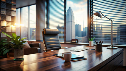 Modern office interior with city background