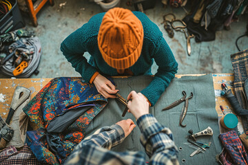 A person repairing or upcycling old clothing items.
