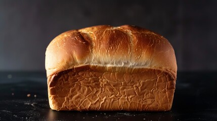 A newly baked loaf of white wheat bread is displayed on a black background. - obrazy, fototapety, plakaty