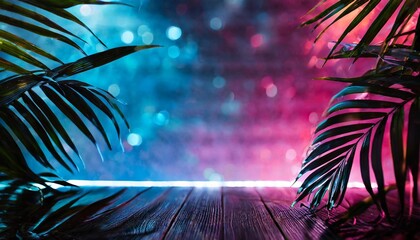Fototapeta na wymiar empty scene background abstract background with multicolored bokeh and neon lights silhouettes of tropical leaves