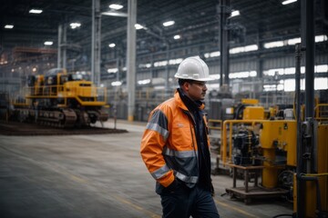 Industrial male engineer wearing hat and safety suit at metal heavy industrial manufacturing factory