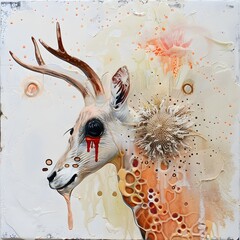 Surreal Hybrid Creature with Glowing Virus-Inspired Anatomy and Antlers in Abstract Mixed Media Art