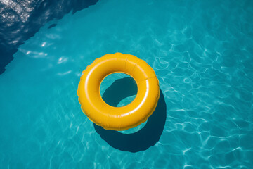 A dark yellow inflatable ring floats gracefully atop the crystal-clear waters of a sunlit swimming pool. Top view.