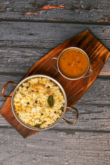 Fresh made Ven Pongal with Sambar served as a break fast in tamilnadu. Fresh pongal with sambar main break fast and dinner south indian dish
