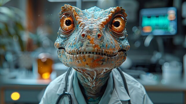 Dinosaur in doctors gown, consulting, hyperreal, vibrant backdrop , high detailed