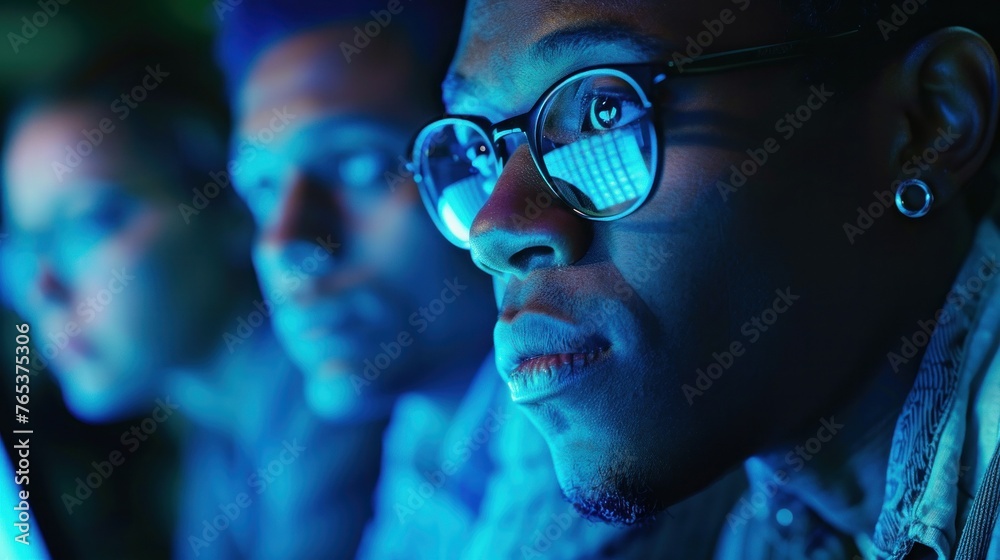 Poster cybersecurity team in high-tech control room monitoring network systems. blue led light creates futu