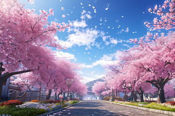 Clear sky with lots of cherry blossoms ai