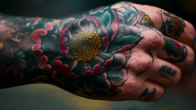 A closeup of a hand tattoo with moisturesensing technology perfect for those with skin conditions such as eczema or psoriasis.