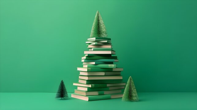 Christmas tree made from pile of books. Colorful Books in the form of christmas tree on red background. Creative Chirstmas background in minimalist style. Holiday book sale, Christmas ... See More

