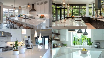 Elegant kitchen design showcasing white quartz countertops and modern pendant lights.
