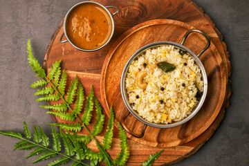 Fresh made Ven Pongal with Sambar served as a break fast in tamilnadu. Fresh pongal with sambar main break fast and dinner south indian dish