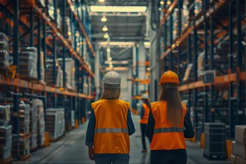 Foto op Canvas Warehouse inspection, Two women wearing orange vests walk through a warehouse. The warehouse is filled with boxes and shelves, and the women are wearing hard hats. Scene is serious and focused © BrightSpace
