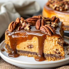 Turtle Cheesecake Recipe is made with a graham cracker crust and plenty of caramel, chocolate and pecans  - obrazy, fototapety, plakaty