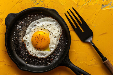 A black iron skillet with a fried egg and a spatula on a yellow solid background.