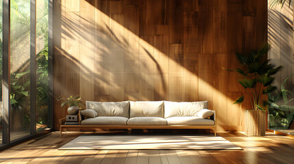 A modern living room with wooden walls and floor, featuring a sofa against the wall, illuminated by natural light streaming through large windows. This composition highlights the warm tones of teakwoo