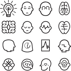 Mental health black outline icon set on white background