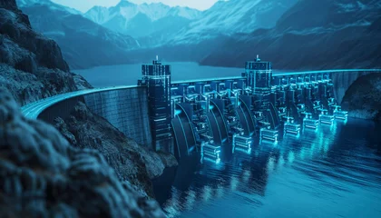 Draagtas Renewable energy hydroelectric dam engineering in a scenic river landscape in blue digital futuristic style,A blue and white city with a bridge,A futuristic cityscape with a bridge and a waterway © BrightSpace
